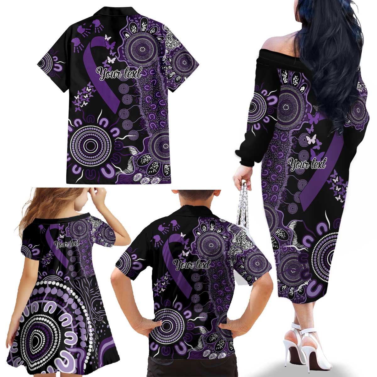 Memories Matter Alzheimers Awareness Personalised Family Matching Off The Shoulder Long Sleeve Dress and Hawaiian Shirt Aboriginal Ribbon Dot Painting