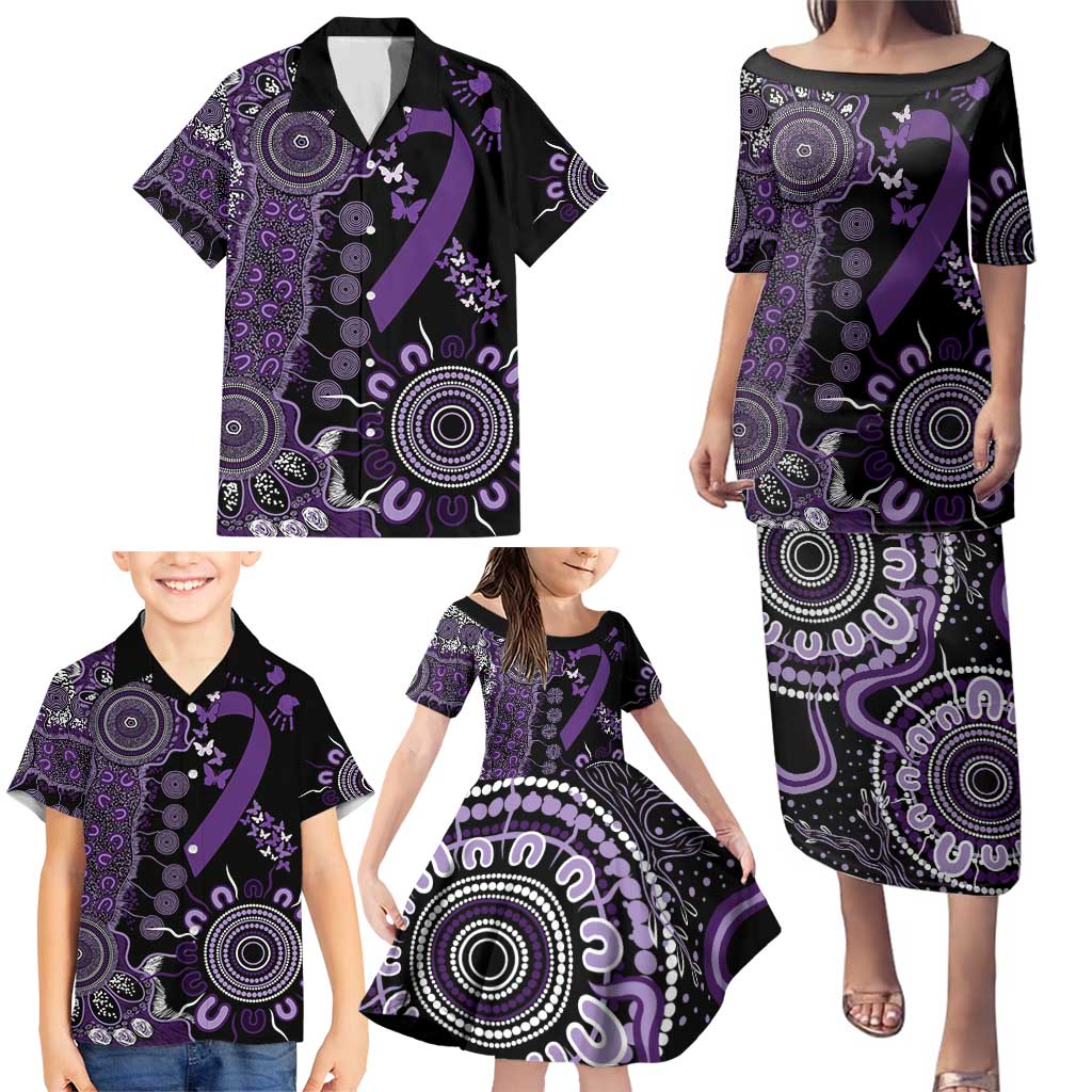 Memories Matter Alzheimers Awareness Personalised Family Matching Puletasi and Hawaiian Shirt Aboriginal Ribbon Dot Painting