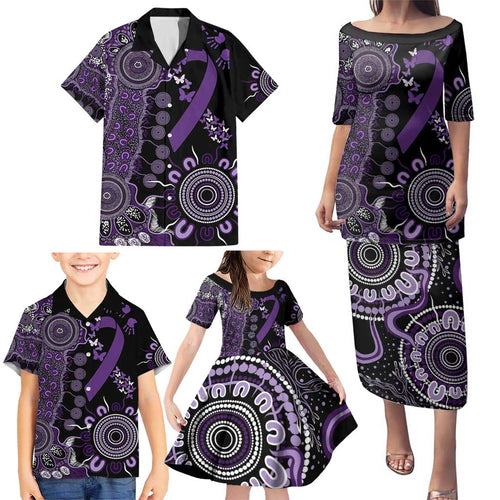 Memories Matter Alzheimers Awareness Personalised Family Matching Puletasi and Hawaiian Shirt Aboriginal Ribbon Dot Painting