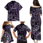 Memories Matter Alzheimers Awareness Personalised Family Matching Puletasi and Hawaiian Shirt Aboriginal Ribbon Dot Painting