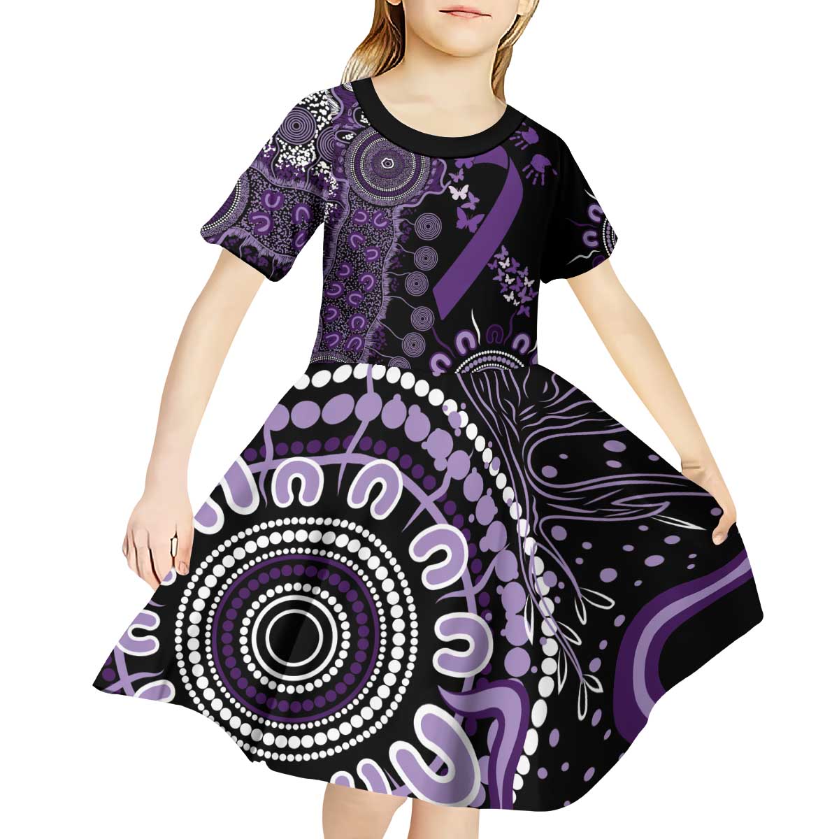 Memories Matter Alzheimers Awareness Personalised Kid Short Sleeve Dress Aboriginal Ribbon Dot Painting