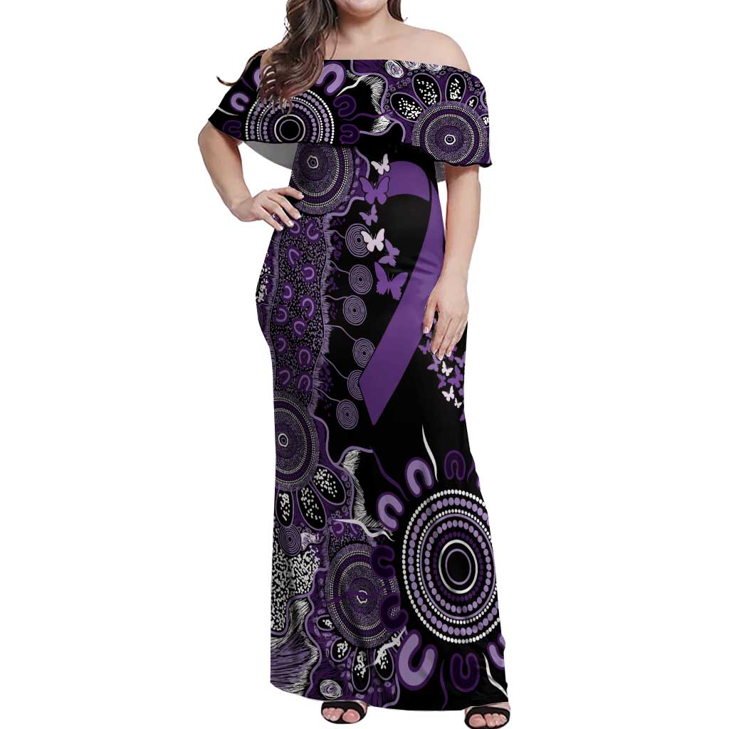 Memories Matter Alzheimers Awareness Personalised Off Shoulder Maxi Dress Aboriginal Ribbon Dot Painting