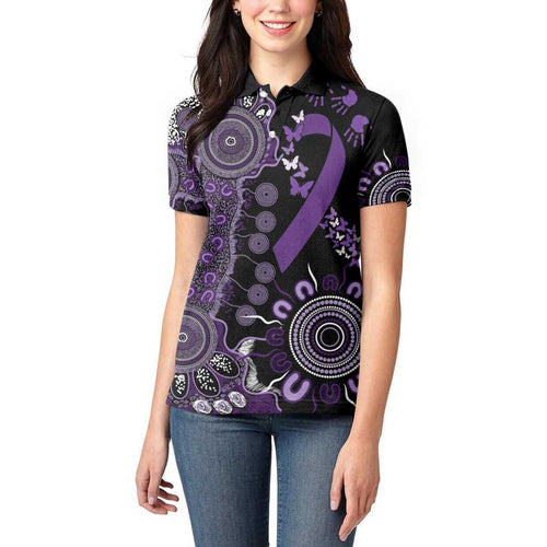 Memories Matter Alzheimers Awareness Personalised Women Polo Shirt Aboriginal Ribbon Dot Painting