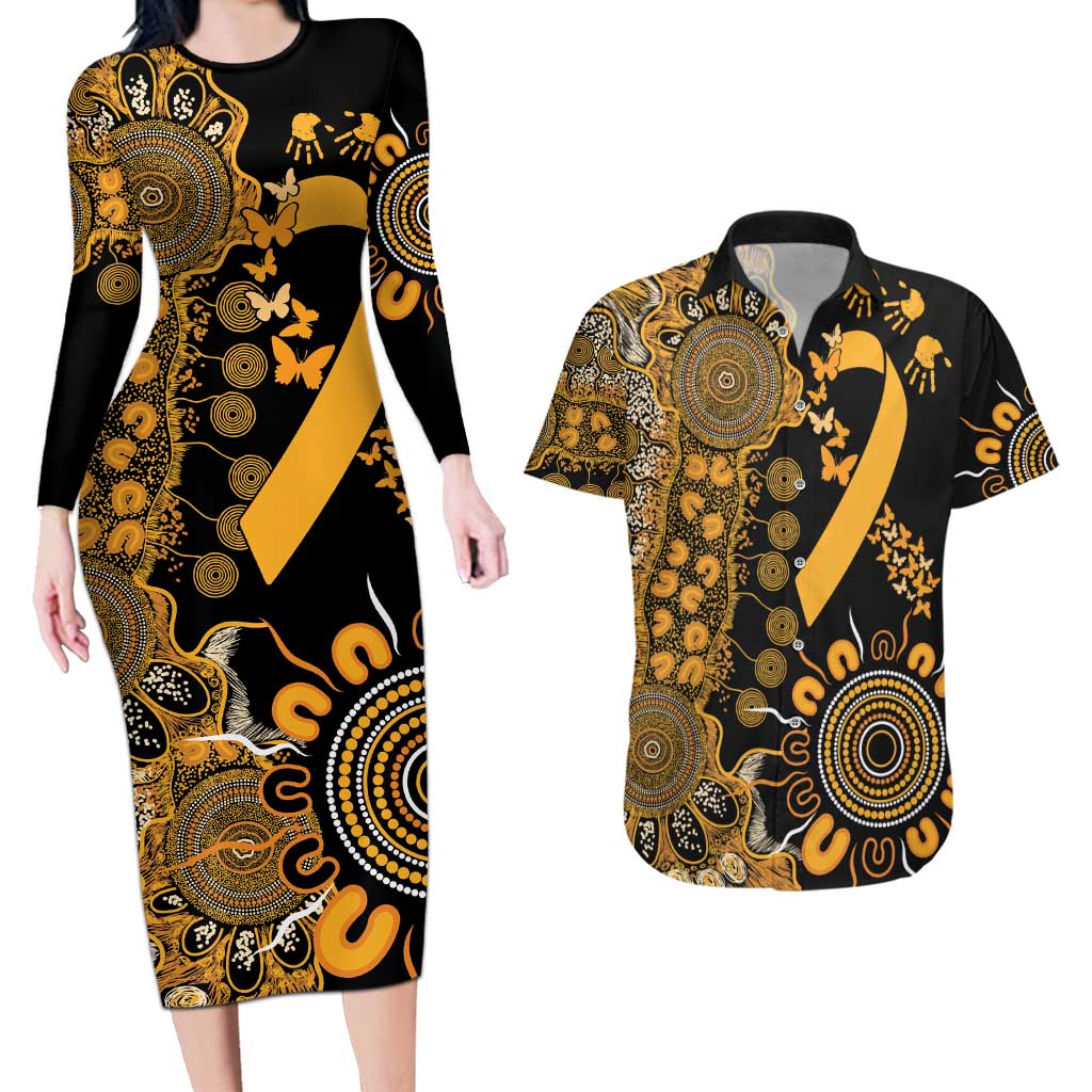 Childhood Cancer Awareness Personalised Couples Matching Long Sleeve Bodycon Dress and Hawaiian Shirt Aboriginal Ribbon Dot Painting