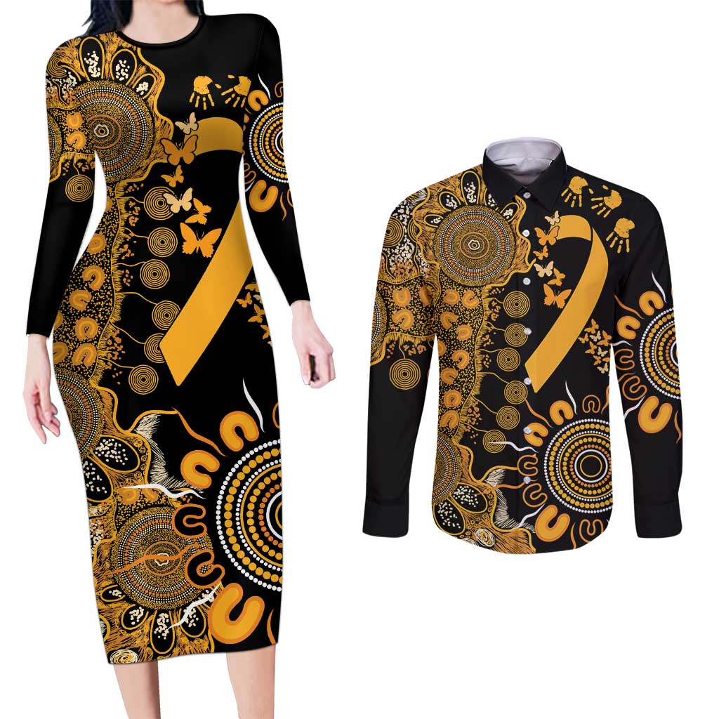 Childhood Cancer Awareness Personalised Couples Matching Long Sleeve Bodycon Dress and Long Sleeve Button Shirt Aboriginal Ribbon Dot Painting