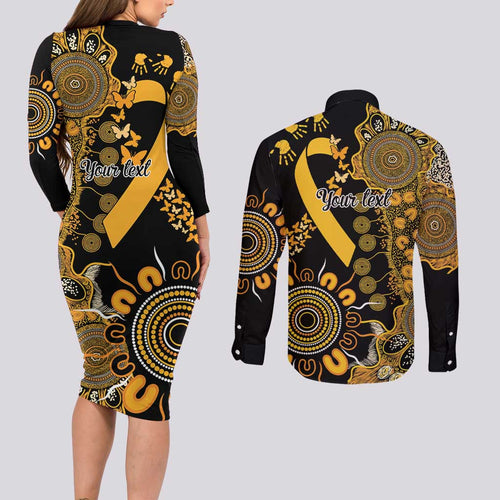 Childhood Cancer Awareness Personalised Couples Matching Long Sleeve Bodycon Dress and Long Sleeve Button Shirt Aboriginal Ribbon Dot Painting