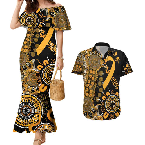 Childhood Cancer Awareness Personalised Couples Matching Mermaid Dress and Hawaiian Shirt Aboriginal Ribbon Dot Painting