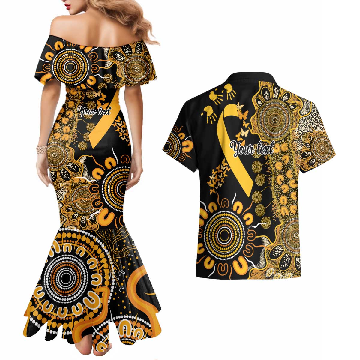 Childhood Cancer Awareness Personalised Couples Matching Mermaid Dress and Hawaiian Shirt Aboriginal Ribbon Dot Painting