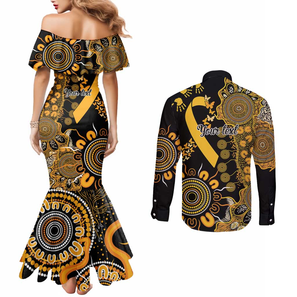 Childhood Cancer Awareness Personalised Couples Matching Mermaid Dress and Long Sleeve Button Shirt Aboriginal Ribbon Dot Painting