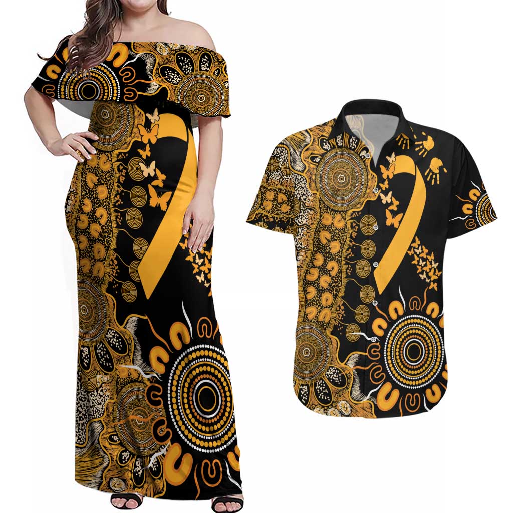Childhood Cancer Awareness Personalised Couples Matching Off Shoulder Maxi Dress and Hawaiian Shirt Aboriginal Ribbon Dot Painting