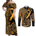 Childhood Cancer Awareness Personalised Couples Matching Off Shoulder Maxi Dress and Long Sleeve Button Shirt Aboriginal Ribbon Dot Painting