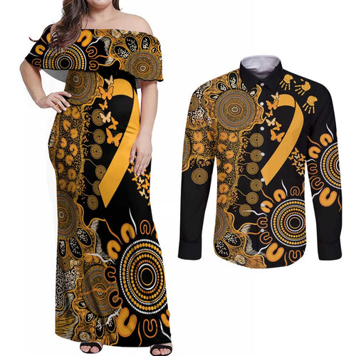 Childhood Cancer Awareness Personalised Couples Matching Off Shoulder Maxi Dress and Long Sleeve Button Shirt Aboriginal Ribbon Dot Painting