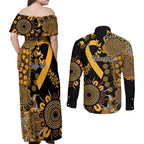 Childhood Cancer Awareness Personalised Couples Matching Off Shoulder Maxi Dress and Long Sleeve Button Shirt Aboriginal Ribbon Dot Painting