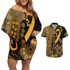 Childhood Cancer Awareness Personalised Couples Matching Off Shoulder Short Dress and Hawaiian Shirt Aboriginal Ribbon Dot Painting