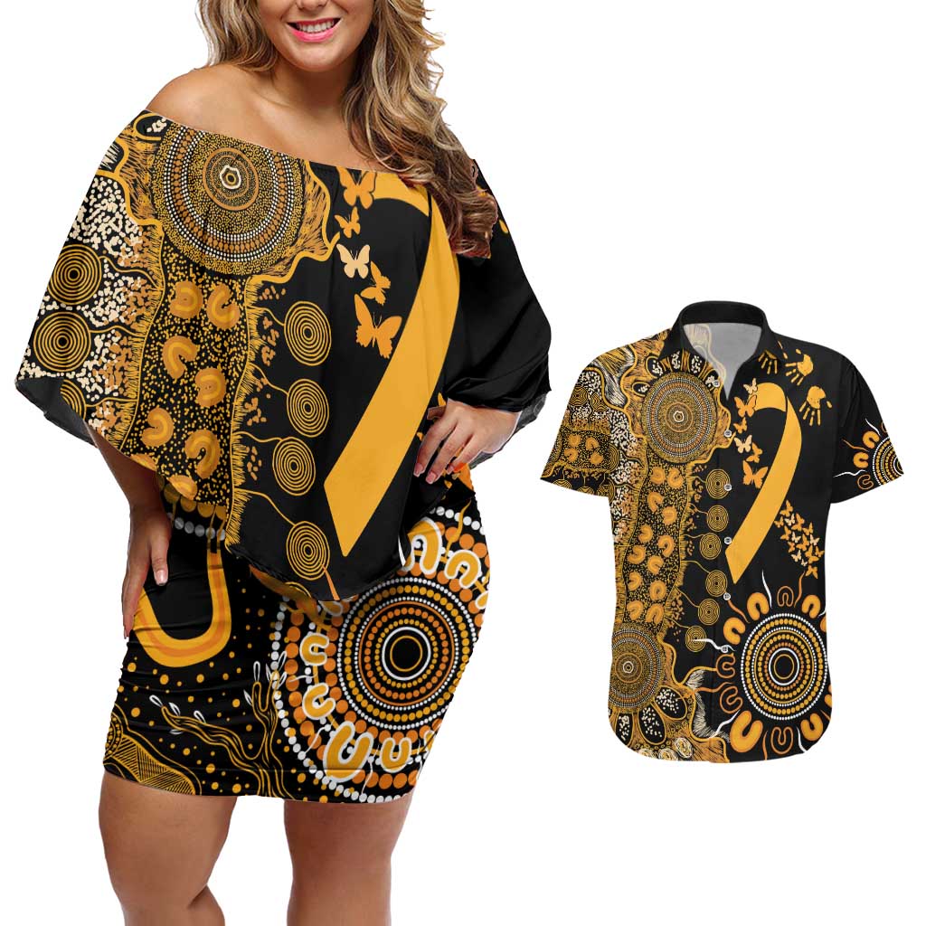 Childhood Cancer Awareness Personalised Couples Matching Off Shoulder Short Dress and Hawaiian Shirt Aboriginal Ribbon Dot Painting