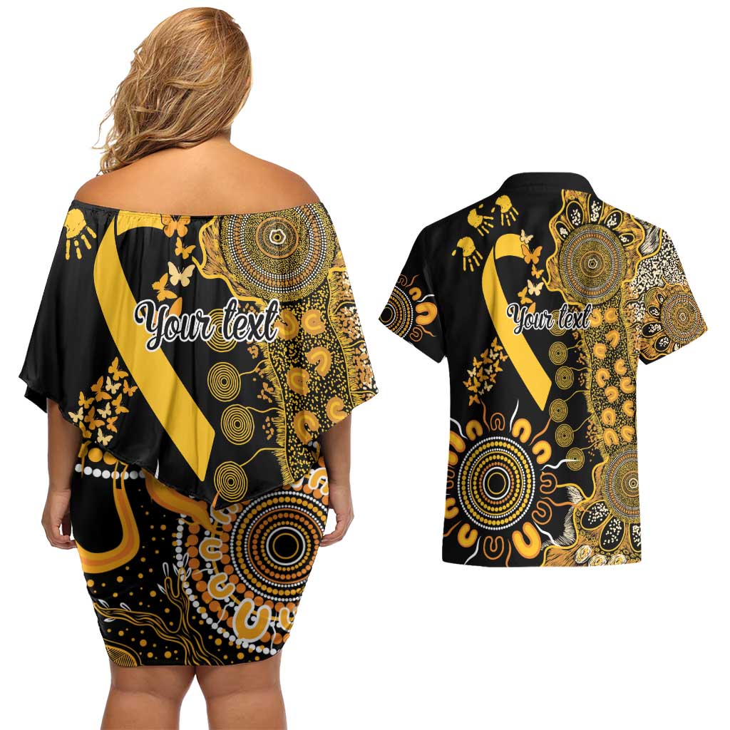 Childhood Cancer Awareness Personalised Couples Matching Off Shoulder Short Dress and Hawaiian Shirt Aboriginal Ribbon Dot Painting