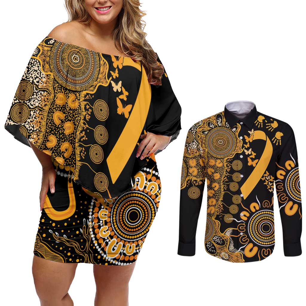 Childhood Cancer Awareness Personalised Couples Matching Off Shoulder Short Dress and Long Sleeve Button Shirt Aboriginal Ribbon Dot Painting