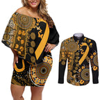 Childhood Cancer Awareness Personalised Couples Matching Off Shoulder Short Dress and Long Sleeve Button Shirt Aboriginal Ribbon Dot Painting