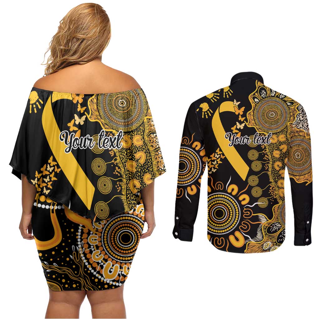 Childhood Cancer Awareness Personalised Couples Matching Off Shoulder Short Dress and Long Sleeve Button Shirt Aboriginal Ribbon Dot Painting
