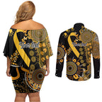 Childhood Cancer Awareness Personalised Couples Matching Off Shoulder Short Dress and Long Sleeve Button Shirt Aboriginal Ribbon Dot Painting