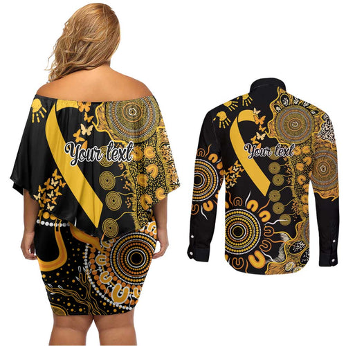 Childhood Cancer Awareness Personalised Couples Matching Off Shoulder Short Dress and Long Sleeve Button Shirt Aboriginal Ribbon Dot Painting