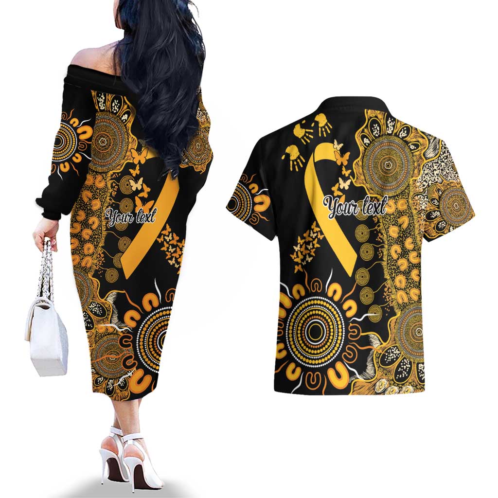 Childhood Cancer Awareness Personalised Couples Matching Off The Shoulder Long Sleeve Dress and Hawaiian Shirt Aboriginal Ribbon Dot Painting