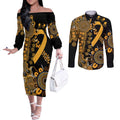 Childhood Cancer Awareness Personalised Couples Matching Off The Shoulder Long Sleeve Dress and Long Sleeve Button Shirt Aboriginal Ribbon Dot Painting