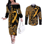 Childhood Cancer Awareness Personalised Couples Matching Off The Shoulder Long Sleeve Dress and Long Sleeve Button Shirt Aboriginal Ribbon Dot Painting