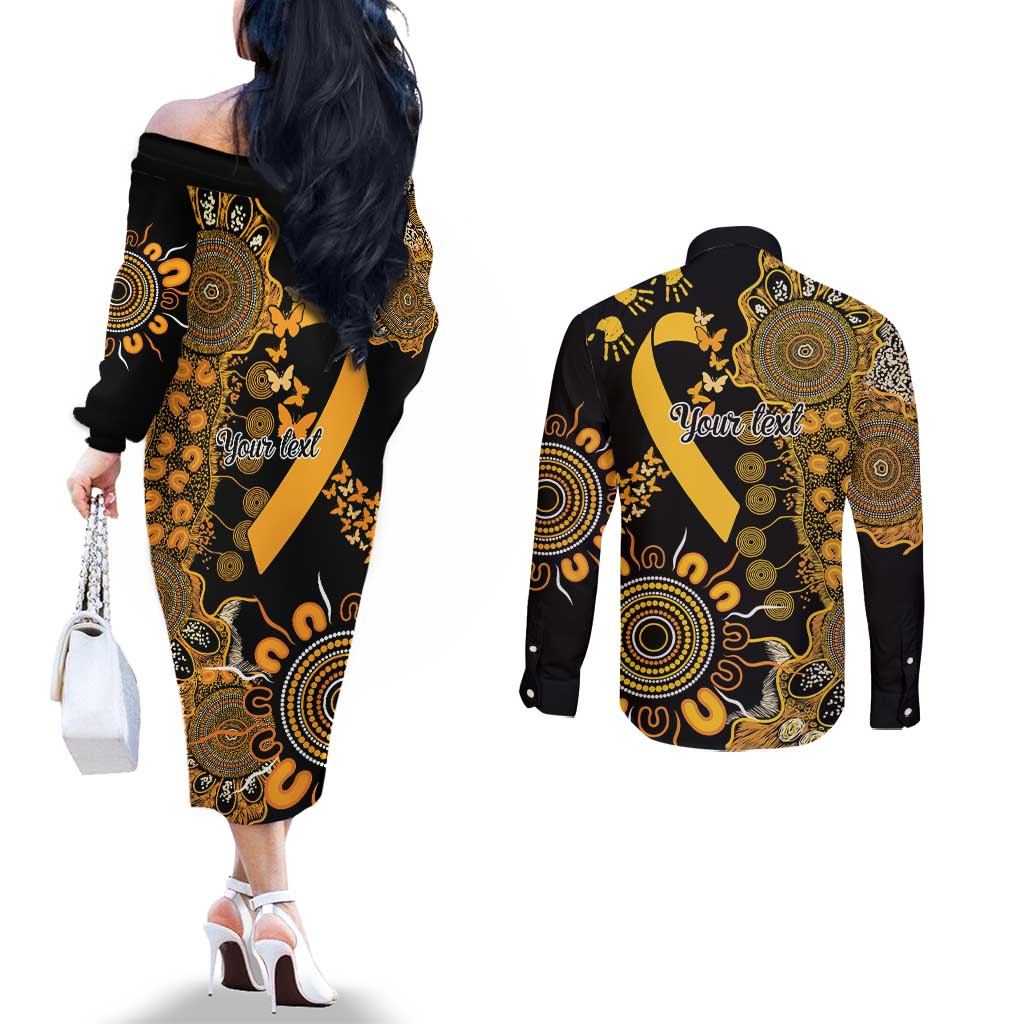 Childhood Cancer Awareness Personalised Couples Matching Off The Shoulder Long Sleeve Dress and Long Sleeve Button Shirt Aboriginal Ribbon Dot Painting
