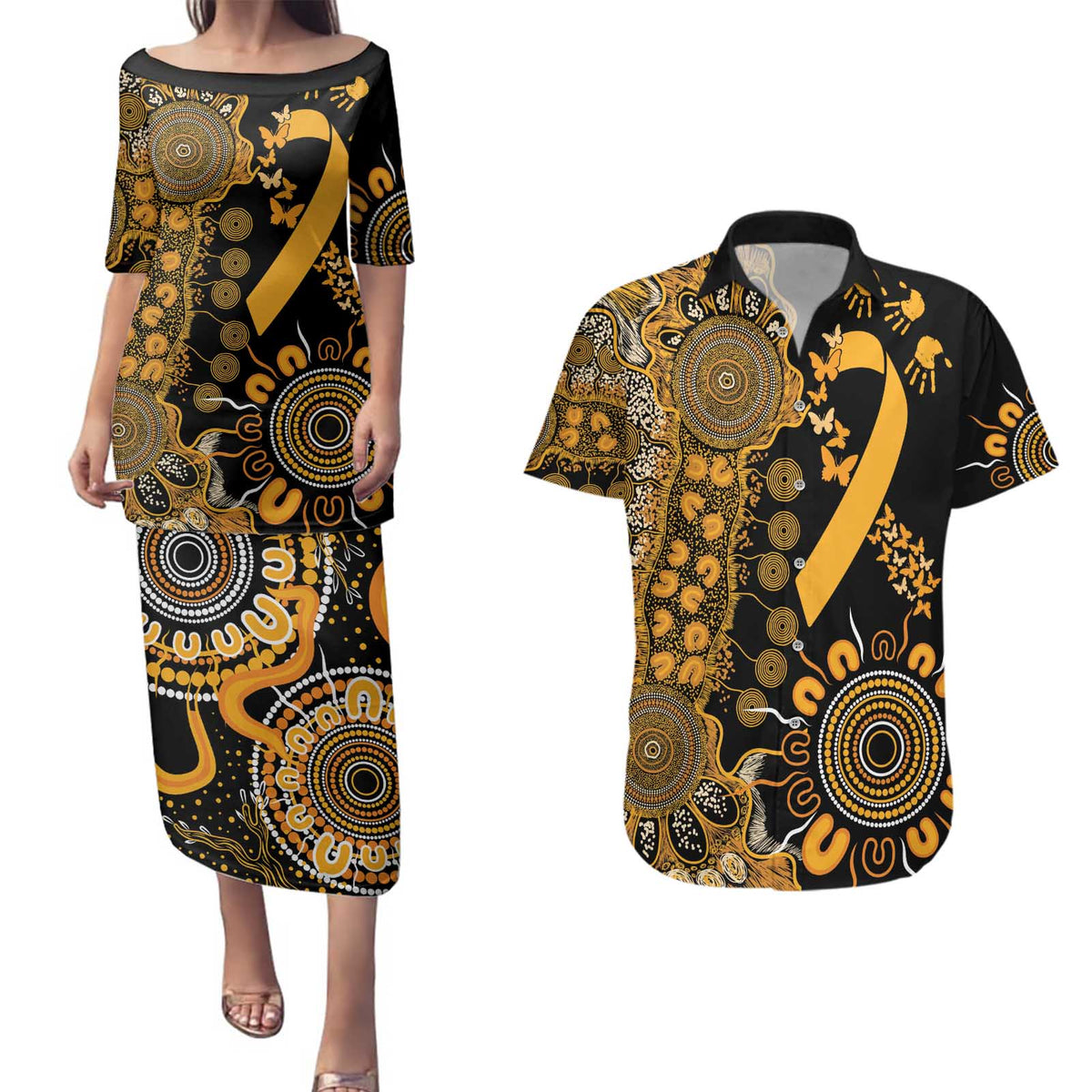 Childhood Cancer Awareness Personalised Couples Matching Puletasi and Hawaiian Shirt Aboriginal Ribbon Dot Painting