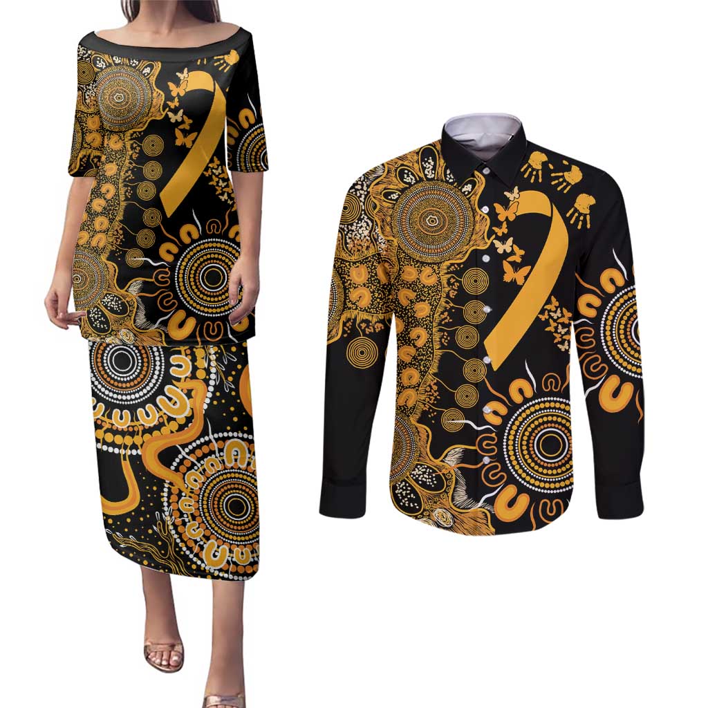 Childhood Cancer Awareness Personalised Couples Matching Puletasi and Long Sleeve Button Shirt Aboriginal Ribbon Dot Painting