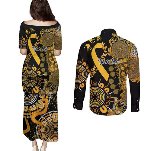 Childhood Cancer Awareness Personalised Couples Matching Puletasi and Long Sleeve Button Shirt Aboriginal Ribbon Dot Painting