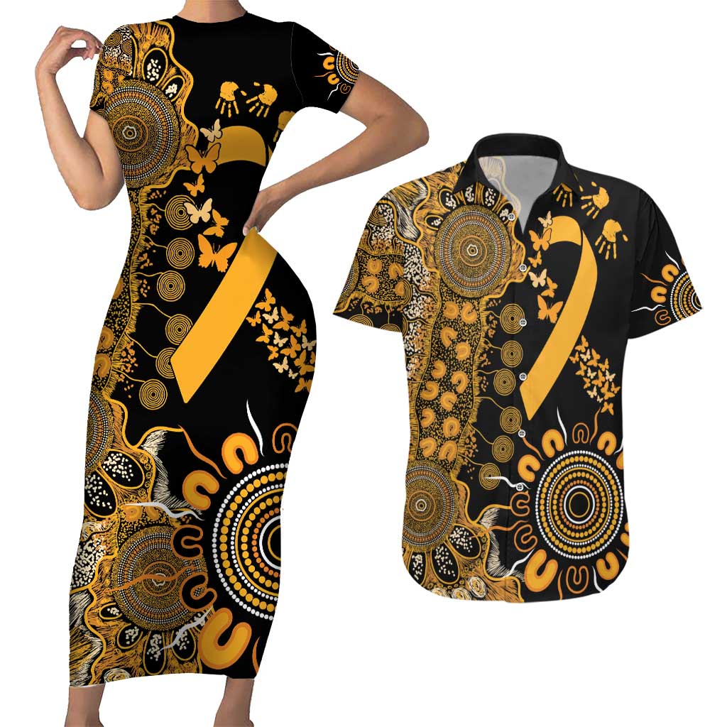 Childhood Cancer Awareness Personalised Couples Matching Short Sleeve Bodycon Dress and Hawaiian Shirt Aboriginal Ribbon Dot Painting