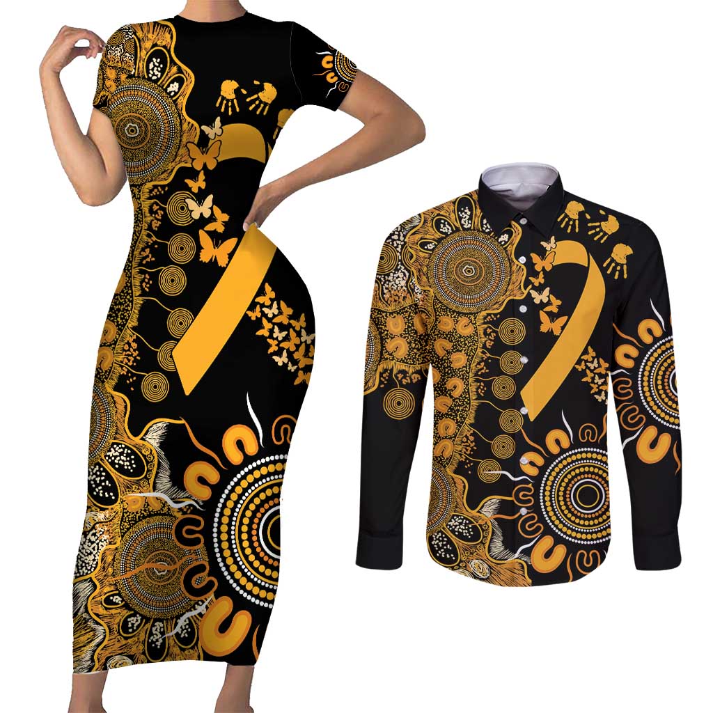 Childhood Cancer Awareness Personalised Couples Matching Short Sleeve Bodycon Dress and Long Sleeve Button Shirt Aboriginal Ribbon Dot Painting