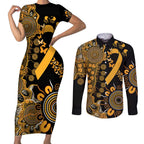 Childhood Cancer Awareness Personalised Couples Matching Short Sleeve Bodycon Dress and Long Sleeve Button Shirt Aboriginal Ribbon Dot Painting