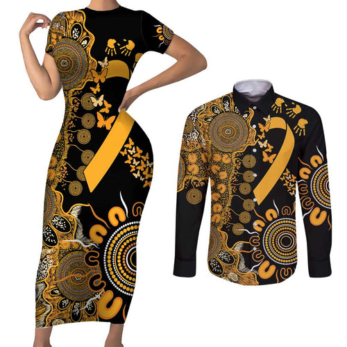 Childhood Cancer Awareness Personalised Couples Matching Short Sleeve Bodycon Dress and Long Sleeve Button Shirt Aboriginal Ribbon Dot Painting