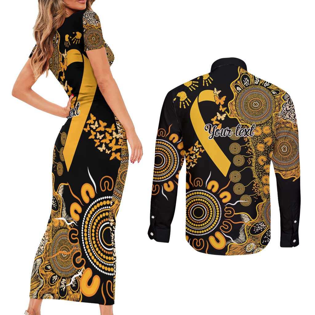 Childhood Cancer Awareness Personalised Couples Matching Short Sleeve Bodycon Dress and Long Sleeve Button Shirt Aboriginal Ribbon Dot Painting