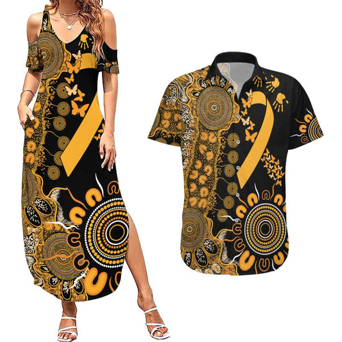 Childhood Cancer Awareness Personalised Couples Matching Summer Maxi Dress and Hawaiian Shirt Aboriginal Ribbon Dot Painting