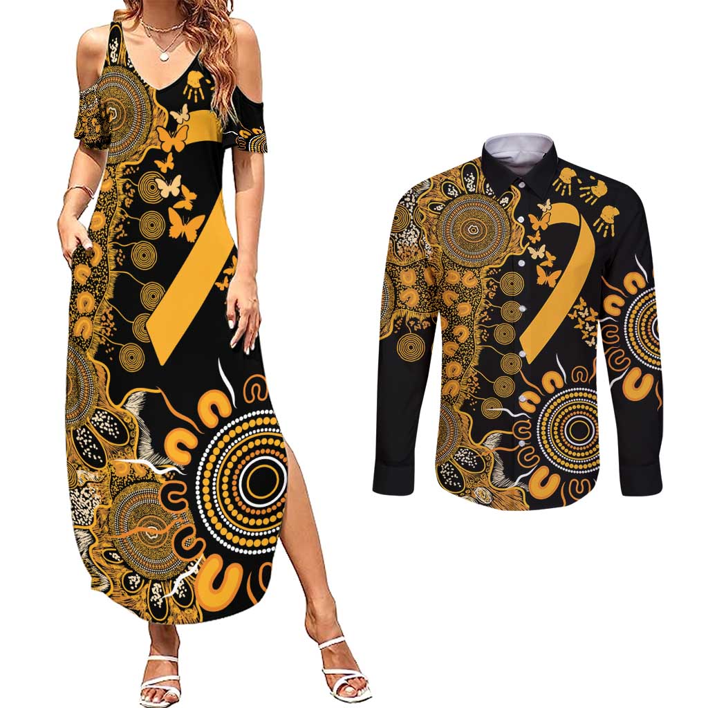 Childhood Cancer Awareness Personalised Couples Matching Summer Maxi Dress and Long Sleeve Button Shirt Aboriginal Ribbon Dot Painting