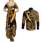 Childhood Cancer Awareness Personalised Couples Matching Summer Maxi Dress and Long Sleeve Button Shirt Aboriginal Ribbon Dot Painting
