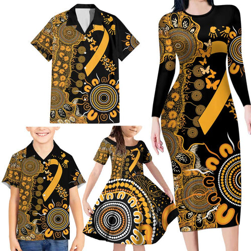 Childhood Cancer Awareness Personalised Family Matching Long Sleeve Bodycon Dress and Hawaiian Shirt Aboriginal Ribbon Dot Painting