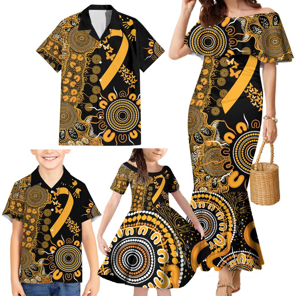 Childhood Cancer Awareness Personalised Family Matching Mermaid Dress and Hawaiian Shirt Aboriginal Ribbon Dot Painting
