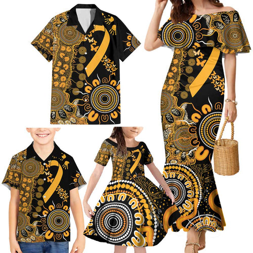 Childhood Cancer Awareness Personalised Family Matching Mermaid Dress and Hawaiian Shirt Aboriginal Ribbon Dot Painting