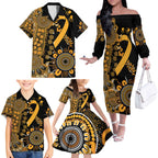 Childhood Cancer Awareness Personalised Family Matching Off The Shoulder Long Sleeve Dress and Hawaiian Shirt Aboriginal Ribbon Dot Painting