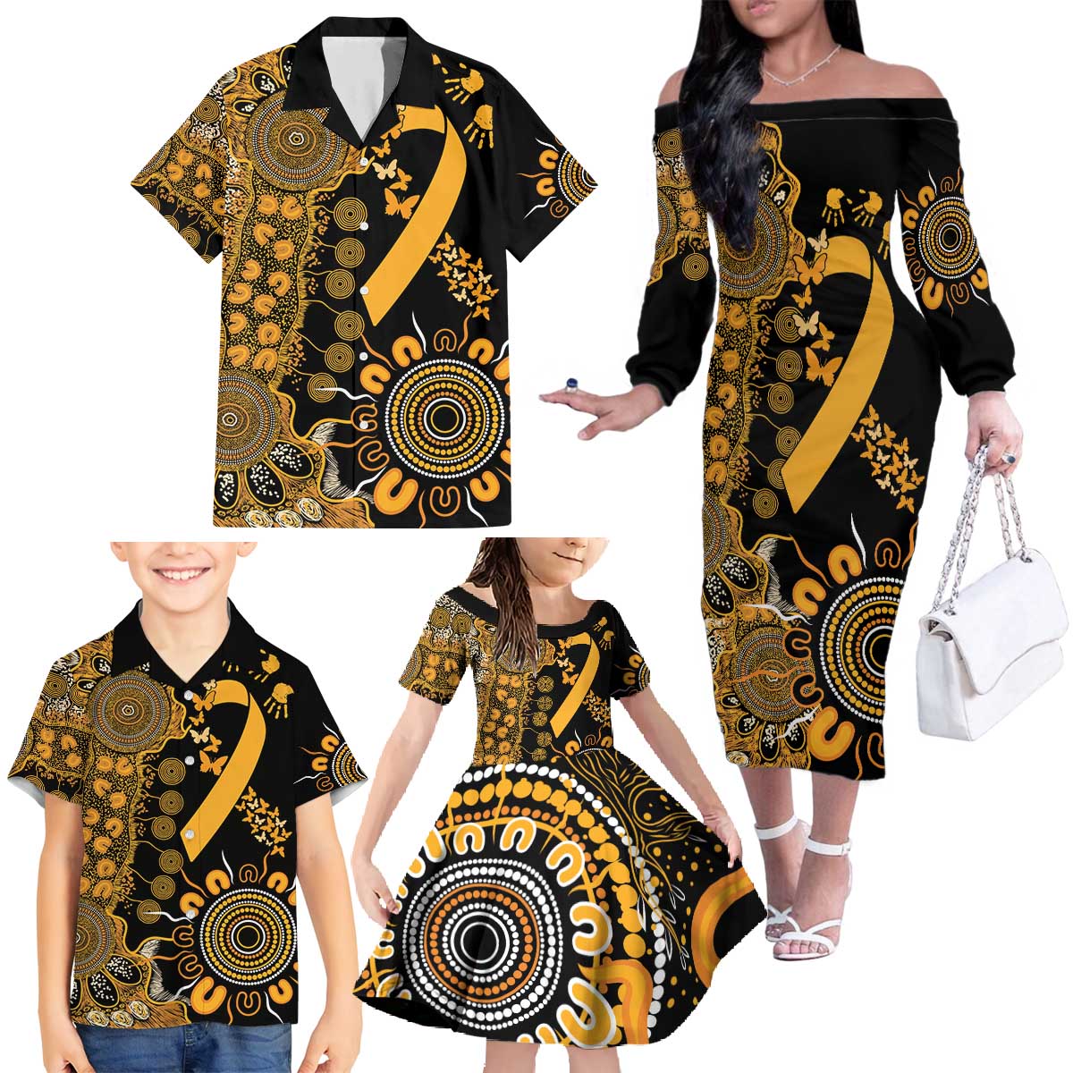 Childhood Cancer Awareness Personalised Family Matching Off The Shoulder Long Sleeve Dress and Hawaiian Shirt Aboriginal Ribbon Dot Painting