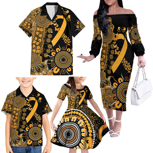 Childhood Cancer Awareness Personalised Family Matching Off The Shoulder Long Sleeve Dress and Hawaiian Shirt Aboriginal Ribbon Dot Painting