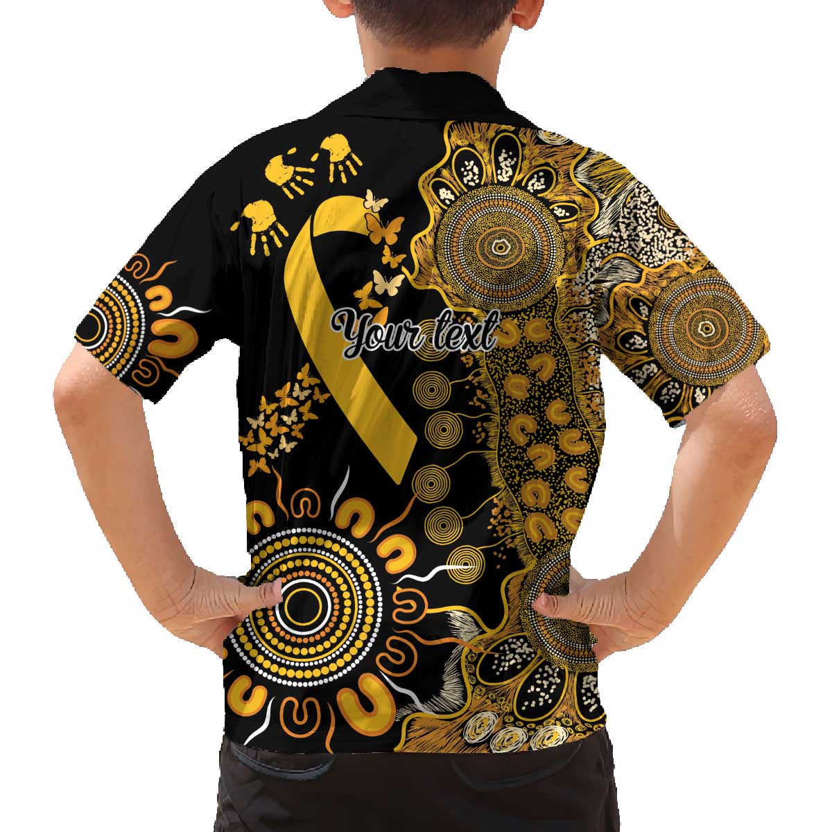 Childhood Cancer Awareness Personalised Family Matching Off The Shoulder Long Sleeve Dress and Hawaiian Shirt Aboriginal Ribbon Dot Painting