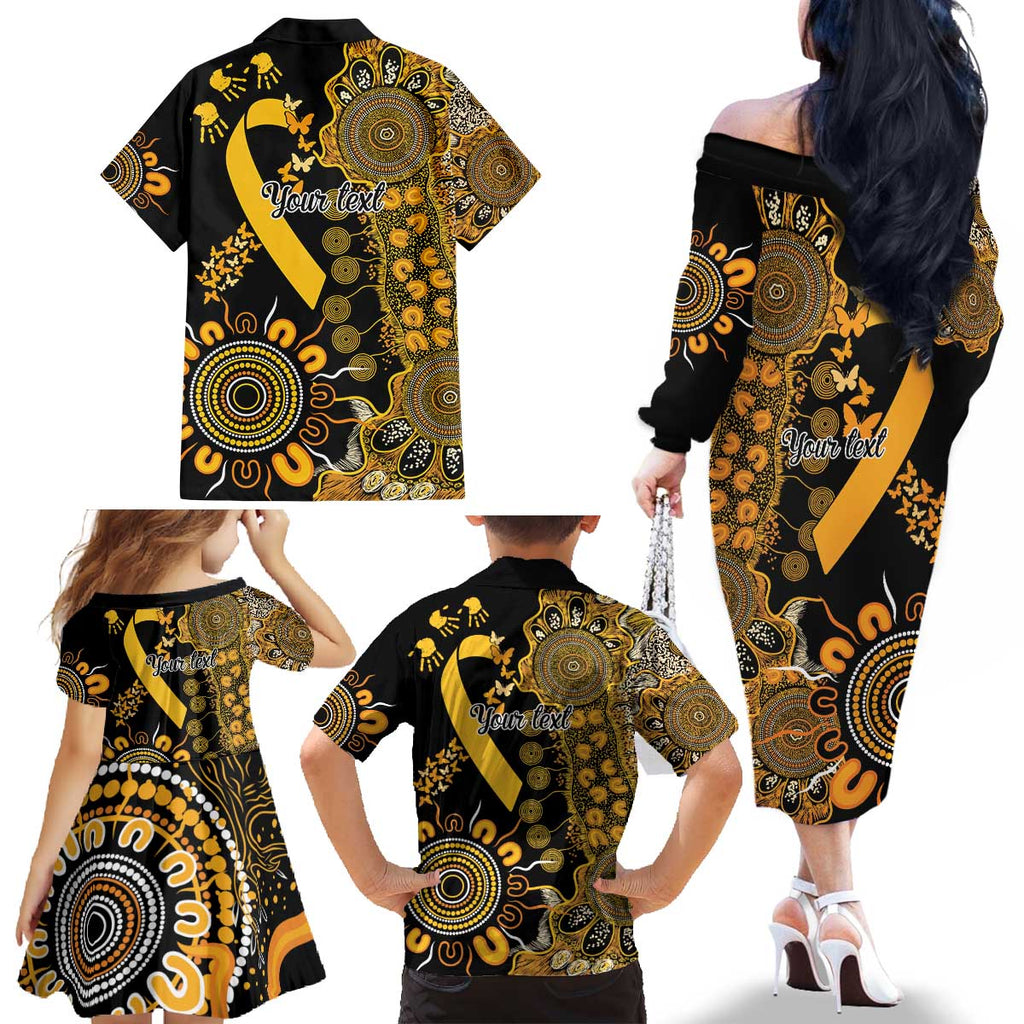 Childhood Cancer Awareness Personalised Family Matching Off The Shoulder Long Sleeve Dress and Hawaiian Shirt Aboriginal Ribbon Dot Painting