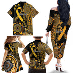 Childhood Cancer Awareness Personalised Family Matching Off The Shoulder Long Sleeve Dress and Hawaiian Shirt Aboriginal Ribbon Dot Painting