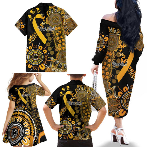 Childhood Cancer Awareness Personalised Family Matching Off The Shoulder Long Sleeve Dress and Hawaiian Shirt Aboriginal Ribbon Dot Painting